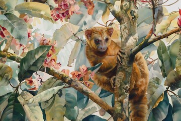 Red Panda Sitting on Tree Branch in Blooming Garden