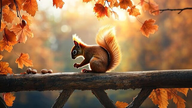Autumnal squirrel on a wooden fence with fallen leaves