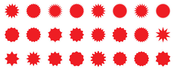 Set of Zig zag wavy edge red starburst circle shapes icon. Vector illustration of silhouette blank for sicker, label, tag, badge, stamp, etc. Red color classic abstract elements with jagged edges. 