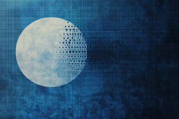 Modern abstract representation of a moon against a deep blue background with texture and pattern