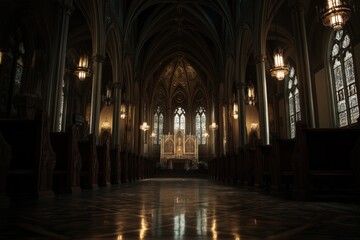 Obraz premium Sacred Light Fills Catholic Church Sanctuary