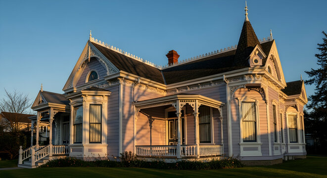 Victorian Era Architecture House At Sunset With Intricate Details And Design