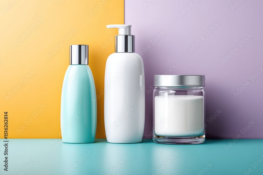 Poster cleansing milk mockup showcasing bottles and jars on a vibrant multicolor background with empty spac
