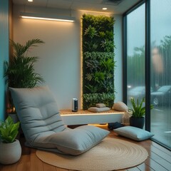 Modern Indoor Relaxation Room with Vertical Garden and Cozy Seating – Wellness Space Inspiration