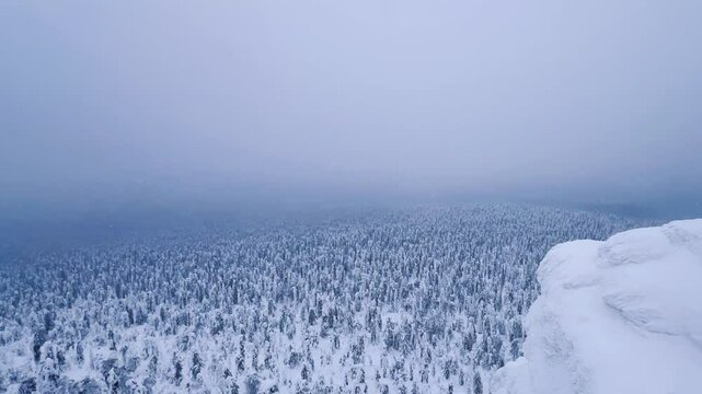 View of the white rocks and the winter forest on Mount Polyud. Lappish spruces on Mount Polyud in the Perm region in winter. In winter, there is a lot of snow and frost on the trees in the Urals. 4К	