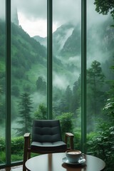 Serene Mountain View Through Glass Window with Coffee – Nature Retreat Inspiration