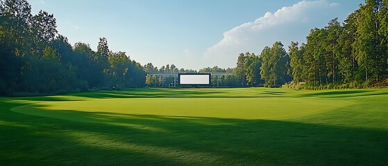 golf course with large vinyl billboard on fairway modern club house in distance blank space for brand promotion