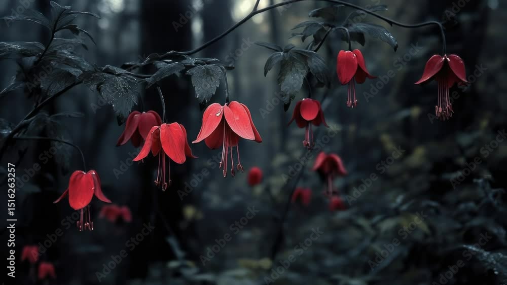Poster a bunch of red flowers are hanging from the branches of a tree
