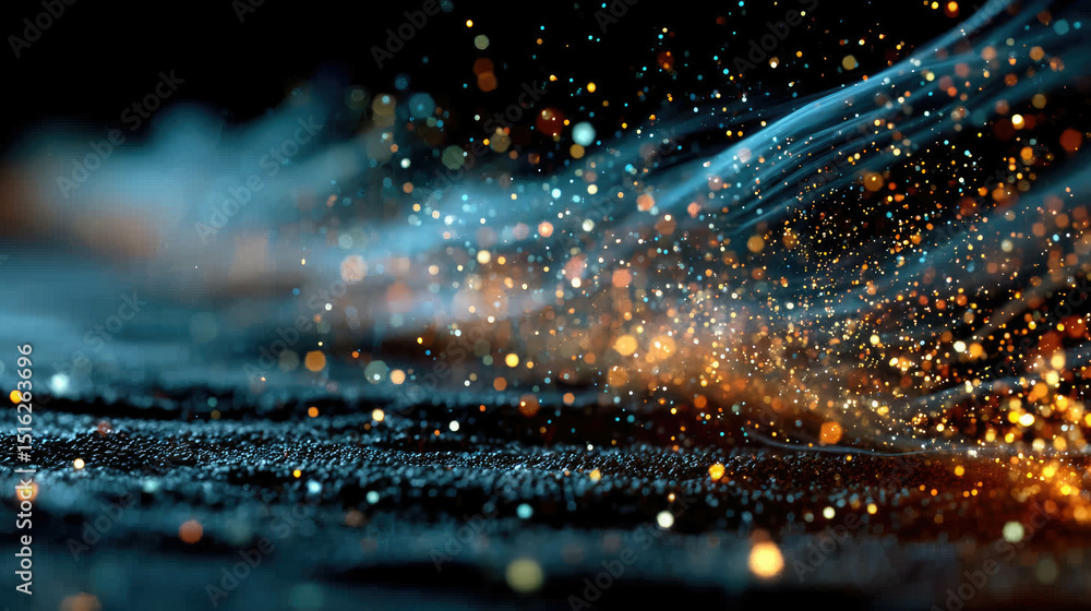 Poster dynamic stream of glowing abstract particles flowing over a dark surface in an energetic motion blur