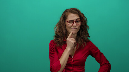 Woman pondering with hand on chin wearing glasses and red shirt against green wall contemplating...