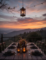 Rustic dinner table candlelight lanterns