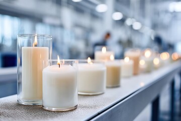 Finished candles highlighted in a spacious modern production area with branding opportunities