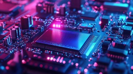 Obraz premium Abstract motherboard circuit illuminated by neon, showcasing advanced technology