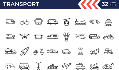 Public transportation line icon set. Icons collection of plane, ship, bicycle, bus, car, motorbike and other vehicles