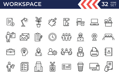 Workspace office essential vector line icon set. Digital workspace, desk, co-worker, meeting, computer vector icons