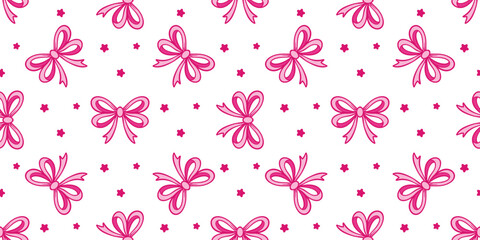 Cute pink bows and stars on white background seamless pattern. Girly doll print for textile, packaging, paper, fabric, vector graphics