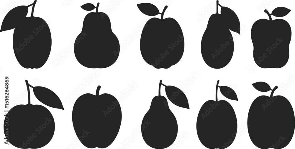 Poster a collection of apple and pear silhouettes with leaves isolated on a white background in a pattern