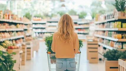 Woman with long blonde hair pushing a shopping cart filled with greens while browsing products in a bright grocery store with shelves full of food items - Powered by Adobe