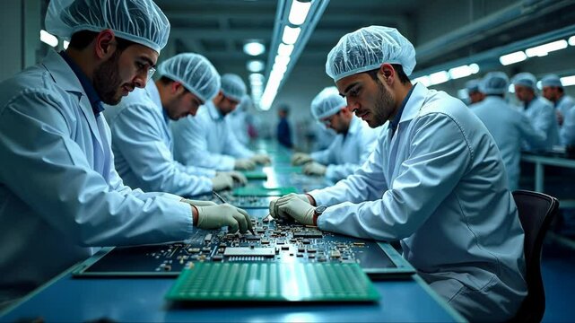 A high-tech electronics assembly line, with workers in clean suits inspecting circuit boards under bright LED lights.