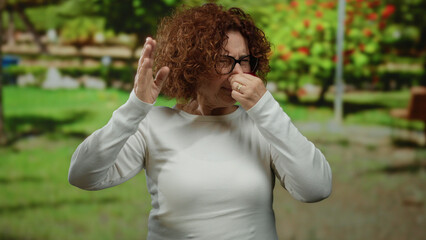 Woman in white shirt expressing negative emotion outdoors in park with greenery during daytime...