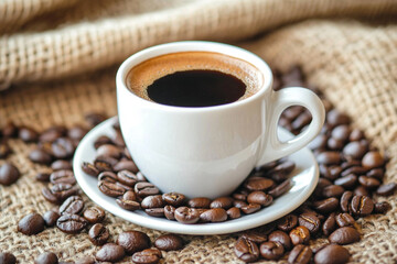 Fototapeta premium A close-up of a steaming coffee cup placed on a wooden desk capturing a cozy and focused work environment