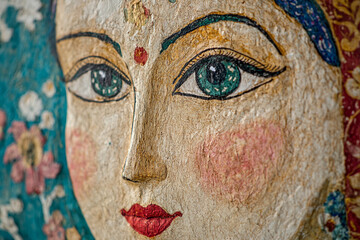 A detailed close-up of a traditional Kashmiri paper mache artwork showcasing intricate floral patterns and rich colors