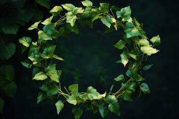 Circular wreath of vibrant green ivy leaves on a dark background showcasing natural beauty
