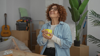 Woman enjoying coffee in new home living room surrounded by moving boxes and plants, creating a...