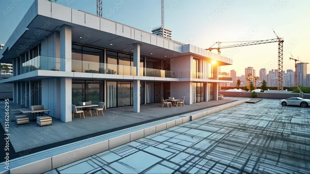 Poster digital construction building information modeling bim concept with 3d model and blueprints illustra