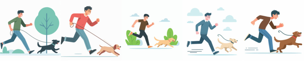 vector of young man running with dog