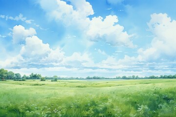 Green field with blue sky landscape grassland outdoors.