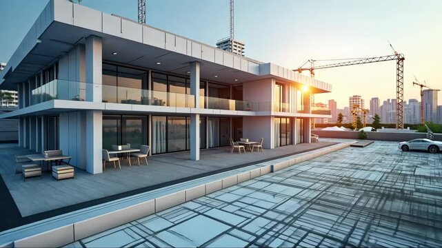 digital construction building information modeling bim concept with 3d model and blueprints illustration. Large white house with a long white roll of paper on the ground