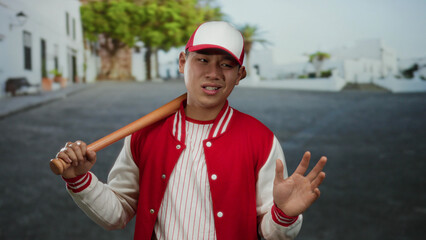 Young chinese man in baseball uniform stands in city street holding bat with relaxed expression.