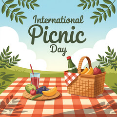International Picnic Day  Poster: Picnic basket overflowing with food and drinks on a checkered blanket

