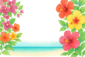 ブーゲンビリアとハイビスカスが彩るカラフルな沖縄フラワーフレーム（中央余白・透過PNG）