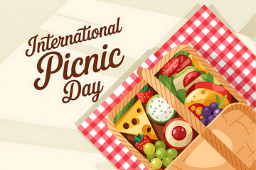 International Picnic Day Banner: Picnic basket overflowing with food and drinks on a checkered blanket

