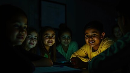 Children gather around a glowing screen in darkness, illuminated by the device's soft light, smiling