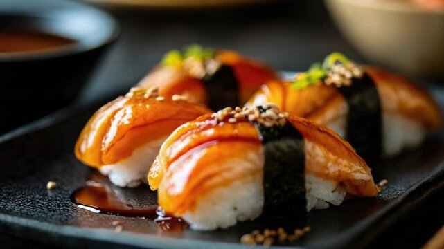 Fresh sushi on a black plate with pair of chopsticks, ready for serving
