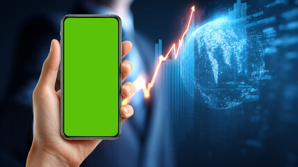 Hand Holding Smartphone with Green Screen and Digital Finance Graph