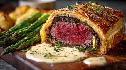 Medium rare beef Wellington with asparagus and sauce