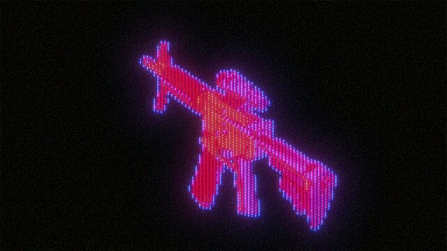  4K Seamless loop of pixelated assault rifle icon, AR-15 neon red glow, CRT scanlines and glitch distortion for motion graphics overlay, screen mode, retro weapon HUD for music video cyberpunk visual