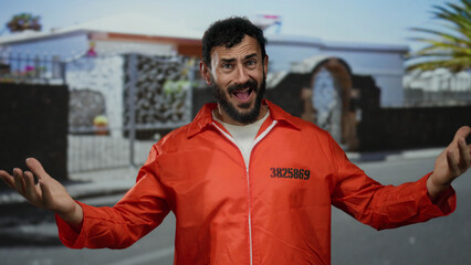 Hispanic man with beard in an orange prison jumpsuit stands outdoors on the street, expressing...