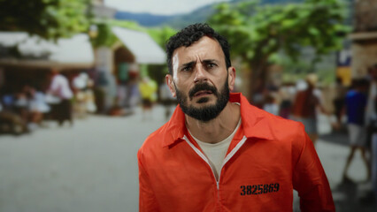 Fototapeta premium Hispanic man with a beard in an orange prison jumpsuit stands outdoors on a busy street, surrounded by blurred people and greenery, conveying a sense of contrast and tension.