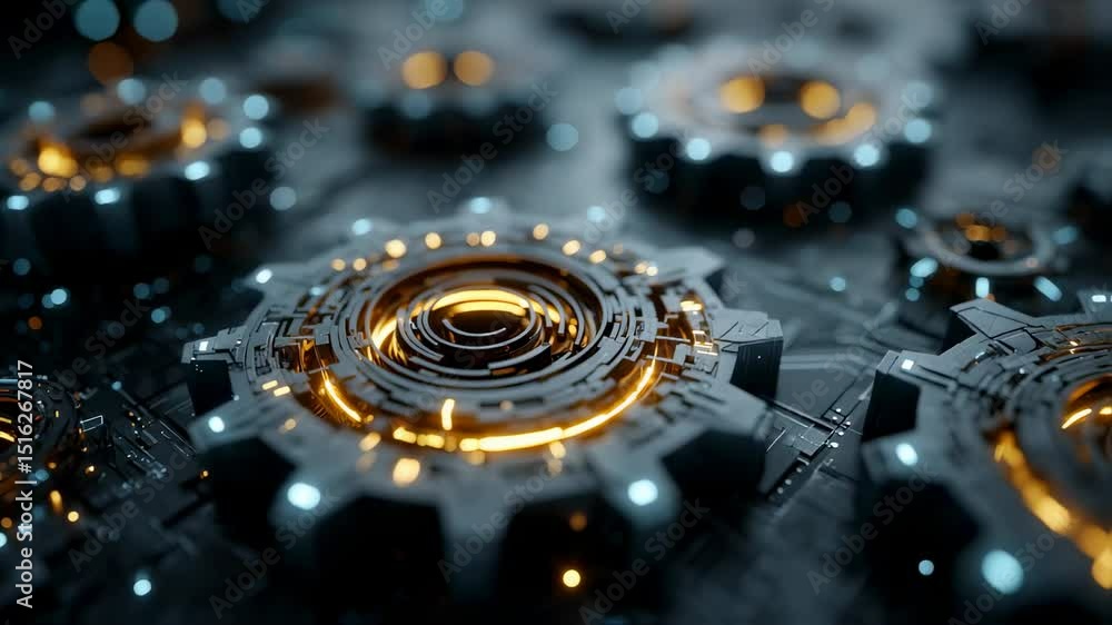 Poster abstract motion background of futuristic gears turning seamlessly, conveying concepts of technology 