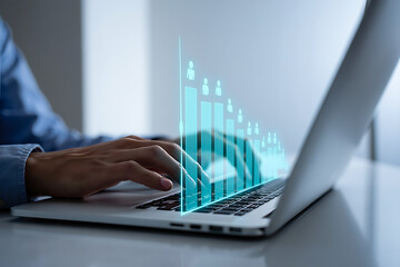Analyzing business growth with laptop technology displaying digital charts representing increasing employee numbers and data analysis