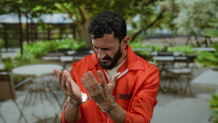 Hispanic man in prison jumpsuit looks distraught while handcuffed in an outdoor restaurant setting with empty tables visible in the background.