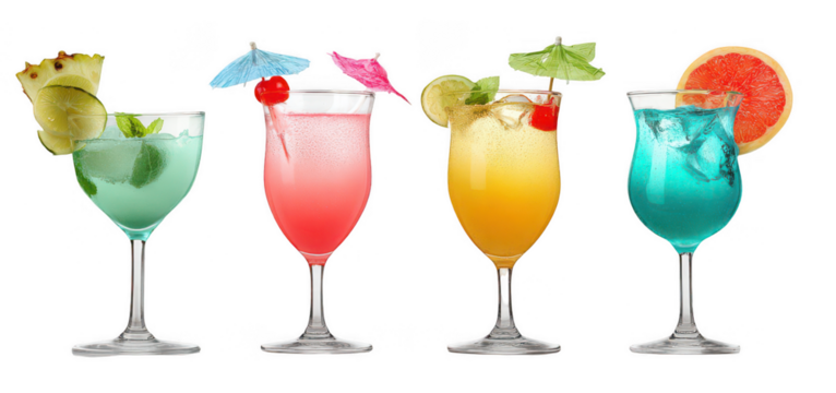 4 tropical cocktail glasses isolated on a white background, png, transparent