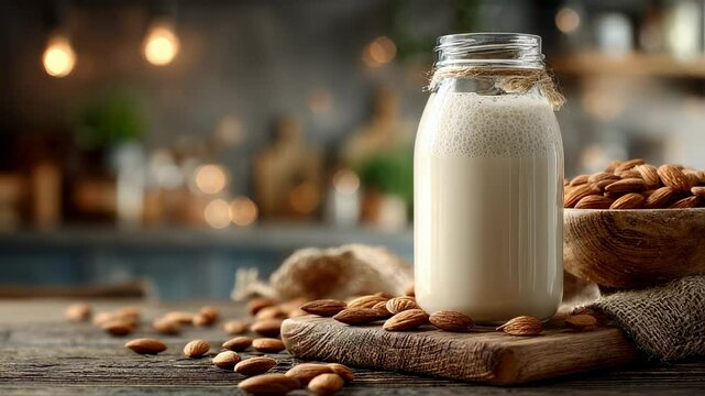 almond milk in a glass bottle with almonds on a rustic wooden board, evokes natural goodness and dietary option