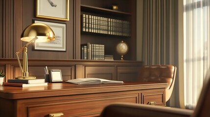 Classic home office interior design with wooden desk bookshelf and gold lamp stock photo image