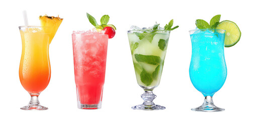4 tropical cocktail glasses isolated on a white background, png, transparent